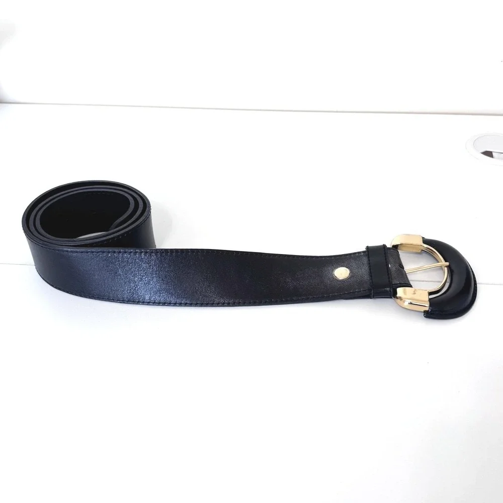 B-Low The Belt Womens Oversized Horseshoe Buckle Leather Belt Medium Black Gold